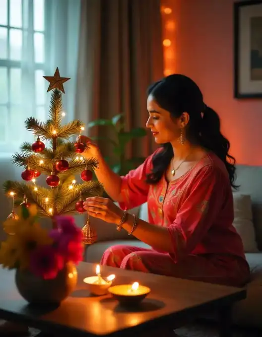 Woman decorating a small Diwali tree with lights and diyas for Diwali celebration | Simple Indoor Diwali Tree Decoration | Indoor Diwali Décor Ideas | Decorations Guru