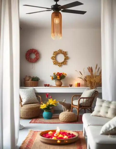 Diwali room décor with flowers, diya, and cozy seating in a modern living room | Elegant Diwali Room Décor with Flowers and Diyas | Indoor Festival Decoration | Decorations Guru