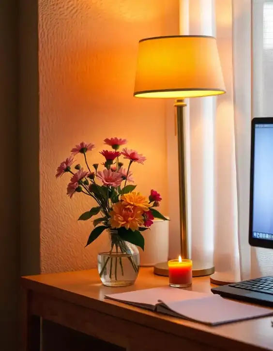 A cozy Diwali desk setup with a glowing lamp, a vase of flowers, and a candle on a wooden desk. | Cozy Diwali Desk Setup with Flowers and Candlelight | Indoor Festival Decoration Ideas | Decorations Guru