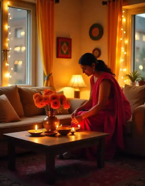 Woman lighting diyas in a warmly decorated living room with Diwali lights and flowers | Cozy Diwali Living Room Setup | Indoor Festival Decorations | Decorations Guru