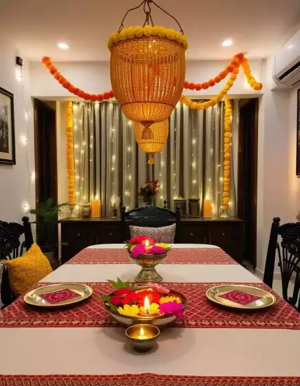 Diwali dining table decorated with marigold garlands, candles, and lanterns | Elegant Diwali Dining Table Decoration | Indoor Festival Decorations | Decorations Guru