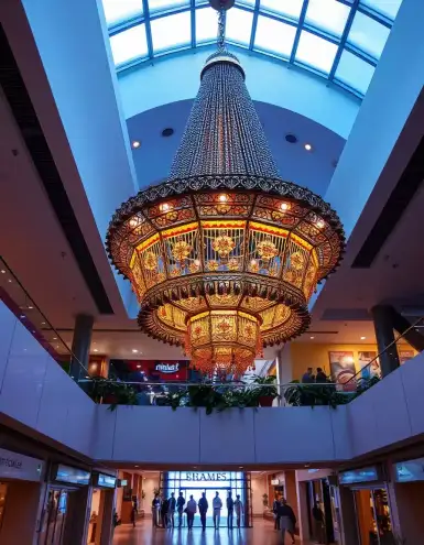 Magnificent chandelier hanging in a shopping mall under a skylight, glowing with festive lights. | Grand Indoor Chandelier Decoration | Luxury Lighting | Decorations Guru