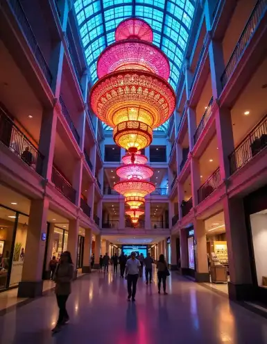 Diwali chandelier lighting decoration in mall atrium with vibrant colors | Mall Atrium Chandelier Lighting for Diwali Festival | Mall Decorations | Decorations Guru