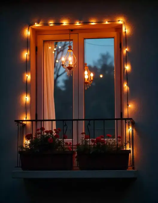 Window adorned with string lights and a balcony decorated with flowers, perfect for Diwali. | Beautiful Window Diwali Lighting with Floral Balcony Decor | Outdoor & Balcony Lighting | Decorations Guru