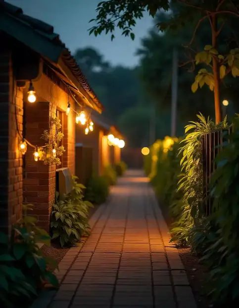 Outdoor pathway lighting with hanging lights for Diwali festival decorations | Outdoor Festival Pathway Lighting | Outdoor Decorations | Decorations Guru