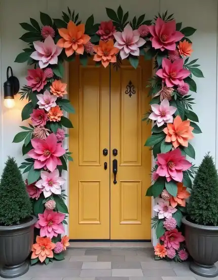 Floral arch door decoration for Diwali with colorful flowers around a yellow door | Floral Arch Door Decoration for Diwali | Outdoor Decorations | Decorations Guru