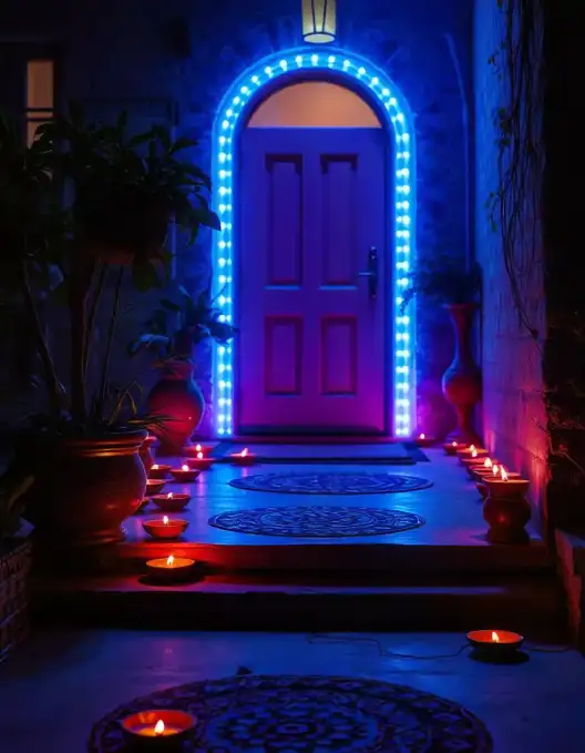 Beautifully lit Diwali entrance with diyas and blue LED lights around the door | Elegant Outdoor Diwali Entrance Decor with Diyas and LED Lights | Outdoor Diwali Decor | Decorations Guru