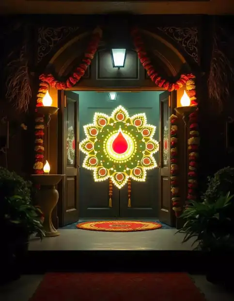 Illuminated Diwali entrance decoration with rangoli, diyas, and floral garlands | Festive Diwali Entrance Decoration with Diyas and Floral Garlands | Outdoor Diwali Decor | Decorations Guru