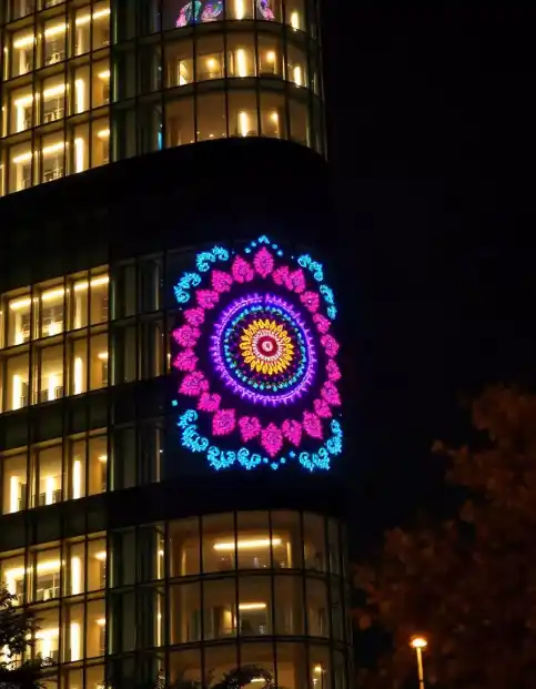 Colorful LED mandala lighting decoration on building for Diwali celebration | Diwali LED Mandala Lighting on Building Facade | Outdoor Diwali Decor | Decorations Guru