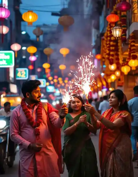 Diwali street celebration with people lighting sparklers and lantern decorations | Vibrant Diwali Street Celebration with Lanterns and Sparklers | Outdoor Diwali Decor Ideas | Decorations Guru