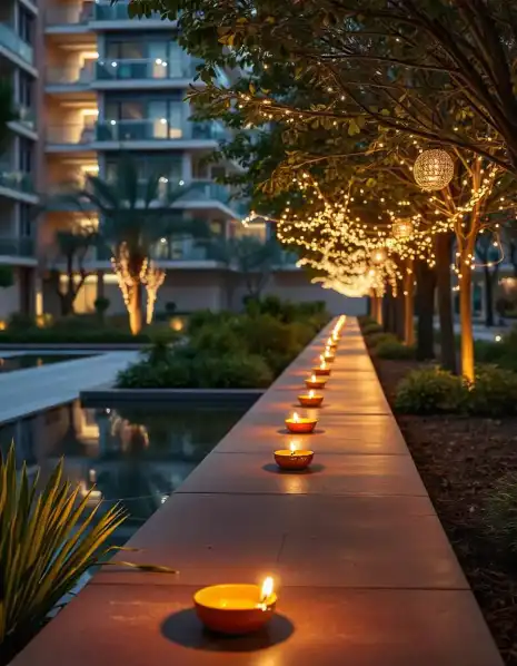 Diwali pathway decorated with diyas and string lights in an outdoor setting | Diwali Pathway Decoration with Diyas and Fairy Lights | Outdoor Diwali Decoration | Decorations Guru