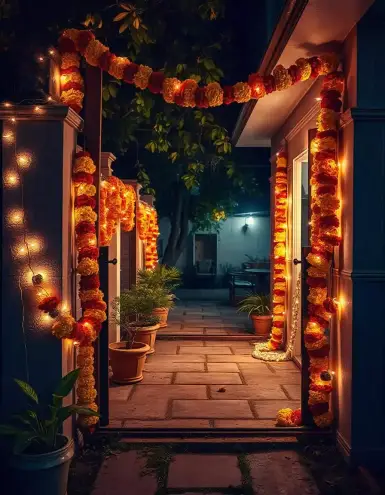 Marigold flower garland with lights for Diwali entrance decoration | Marigold Flower Garland with Lights | Outdoor Diwali Decoration Ideas | Decorations Guru