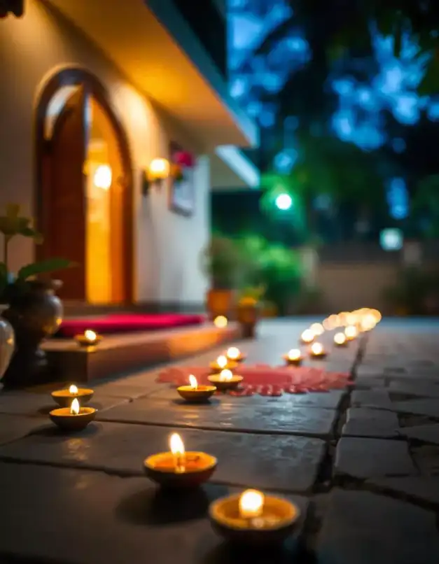 Diwali diyas lighting up the outdoor pathway with rangoli at night | Diwali Pathway with Diyas and Rangoli | Outdoor Diwali Decorations | Decorations Guru