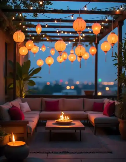 Outdoor terrace with hanging lanterns and fire pit for Diwali | Cozy Festive Outdoor Lantern Decor for Diwali Celebrations | Outdoor Diwali Decorations | Decorations Guru