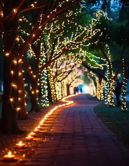 Beautiful pathway decorated with diyas and illuminated trees for Diwali | Festive Pathway Diya and Tree Lighting Decor | Outdoor Diwali Decorations | Decorations Guru