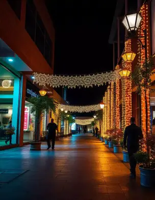 Beautifully illuminated street decorated for Diwali with lights and lanterns | Diwali Street Lighting Décor | Outdoor Diwali Decorations | Decorations Guru