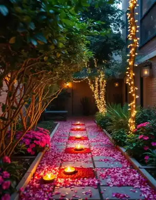 Pathway Diwali decoration with diyas and flower petals | Pathway Diwali Lighting with Flowers and Diyas | Outdoor Diwali Decorations | Decorations Guru