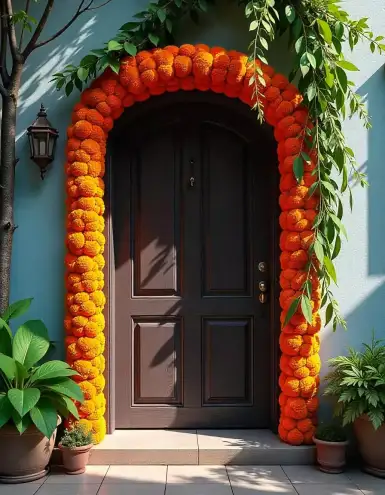 Diwali entrance door decorated with marigold garlands | Diwali Doorway Decor with Marigold Garland and Greenery | Outdoor Diwali Decorations for Home | Decorations Guru