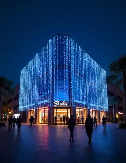 Building adorned with blue LED lights for Diwali, glowing beautifully in the evening. | Stunning Blue Light Decoration for Diwali Building Facade | Outdoor Diwali Lighting Decoration | Decorations Guru