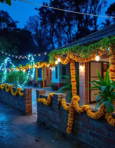 Outdoor Diwali decoration with marigold garlands and string lights | Traditional Marigold and Light Outdoor Diwali Decoration | Outdoor Décor | Decorations Guru