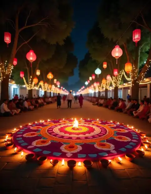 Dipawali DecorationDecoration -Vibrant outdoor Diwali rangoli illuminated with traditional diyas and colorful hanging lanterns | Diwali Rangoli with Diyas and Lanterns | Outdoor Festival Decor