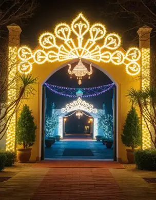 Peacock-themed light decor on entrance gate for Diwali festival | Peacock Light Design for Diwali Festival Entrance Decor | Outdoor Festival Decor | Decorations Guru