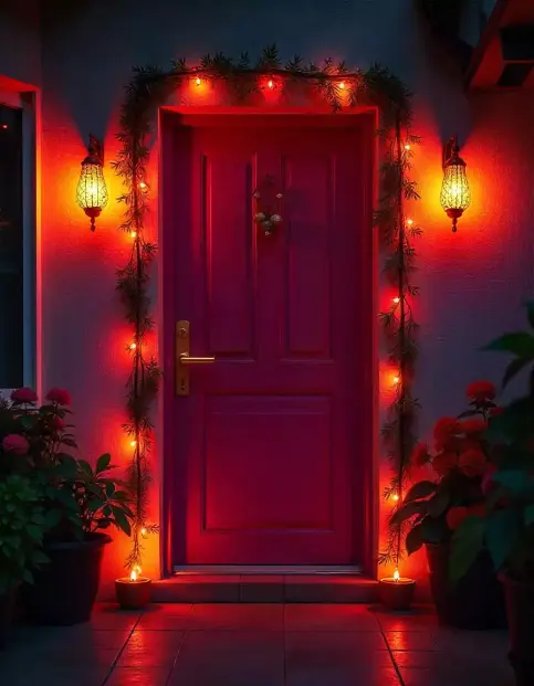 Brightly lit Diwali door decoration with red and orange lights and hanging lanterns | Diwali Door Decoration with Lights and Lanterns | Outdoor Festival Decoration | Decorations Guru