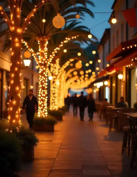 Street decorated with festive lights on trees and hanging lanterns for Diwali | Festive Street Light Decoration | Outdoor Festival Decoration | Decorations Guru