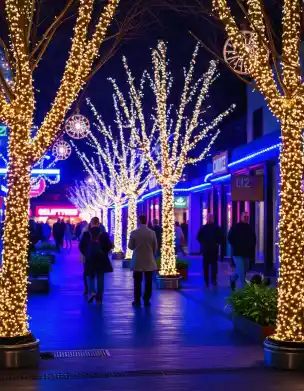 Street decorated with bright lights wrapped around trees for Diwali festival | Festive Tree Lighting Street Décor | Outdoor Festival Decoration | Decorations Guru