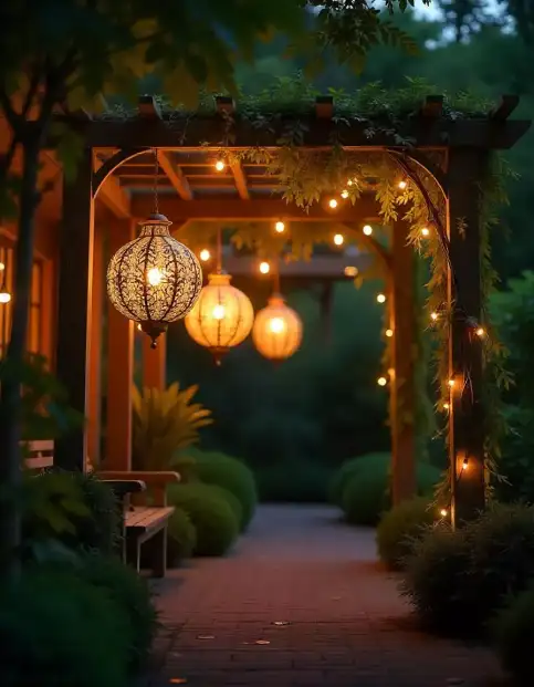 Outdoor area decorated with lanterns and fairy lights for Diwali celebration | Elegant Outdoor Diwali Lantern Decor for a Festive Glow | Outdoor Festival Decoration Ideas | Decorations Guru