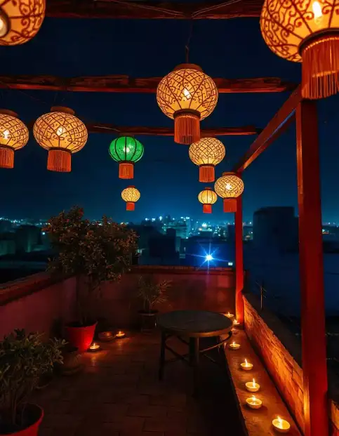 Diwali terrace lanterns and diya lighting setup for festive ambiance | Terrace Lantern and Diya Lighting | Outdoor Festival Decoration Ideas | Decorations Guru