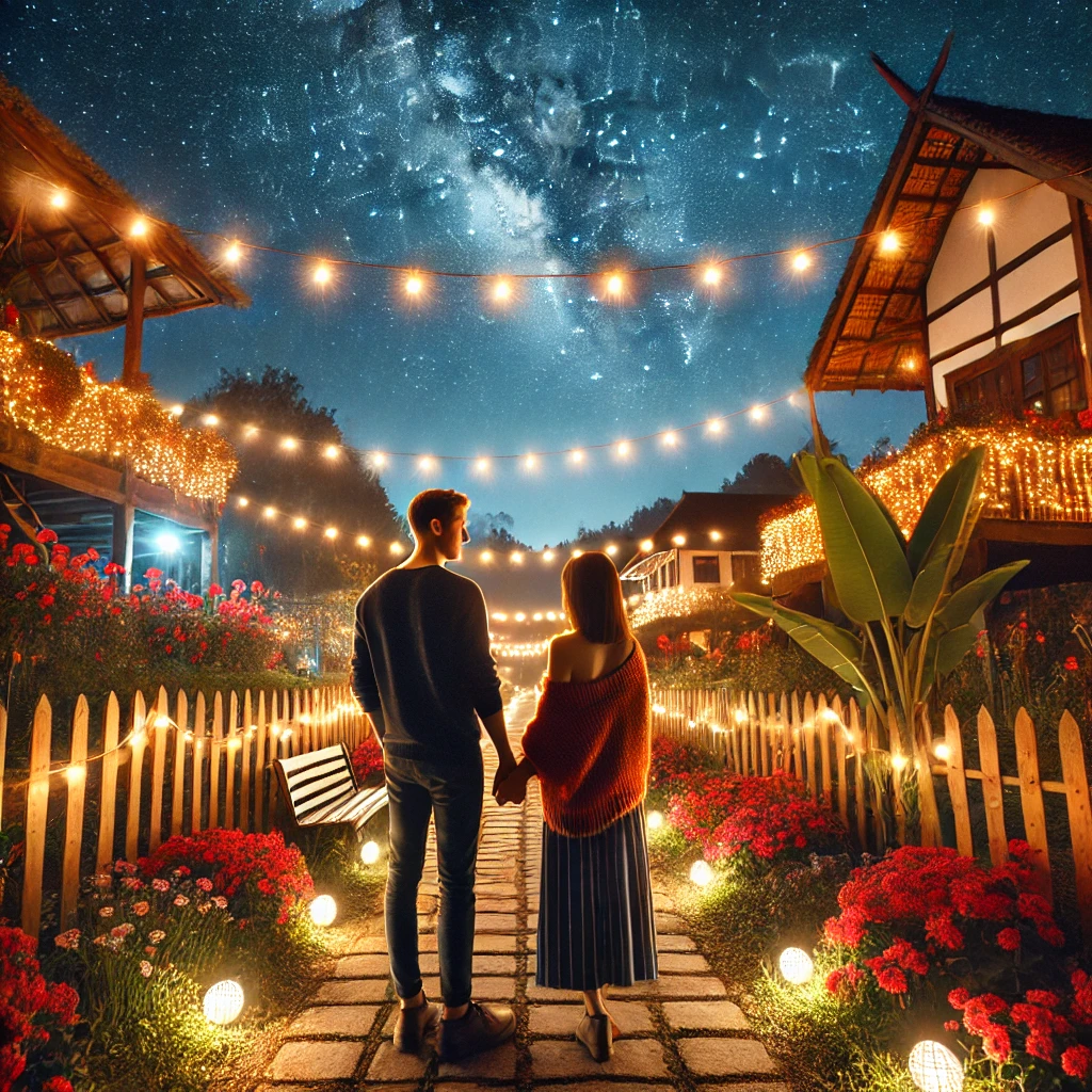 Couple holding hands under festive string lights and starry sky, romantic Diwali outdoor decoration | Romantic Festive Lighting Pathway with Outdoor String Lights | Outdoor Festival Decoration Ideas | Decorations Guru