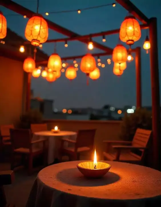 Beautiful Outdoor Lantern and Candle Decoration for Diwali | Elegant Lantern and Candle Décor for Outdoor Diwali Celebrations | Outdoor Festival Decorations | Decorations Guru