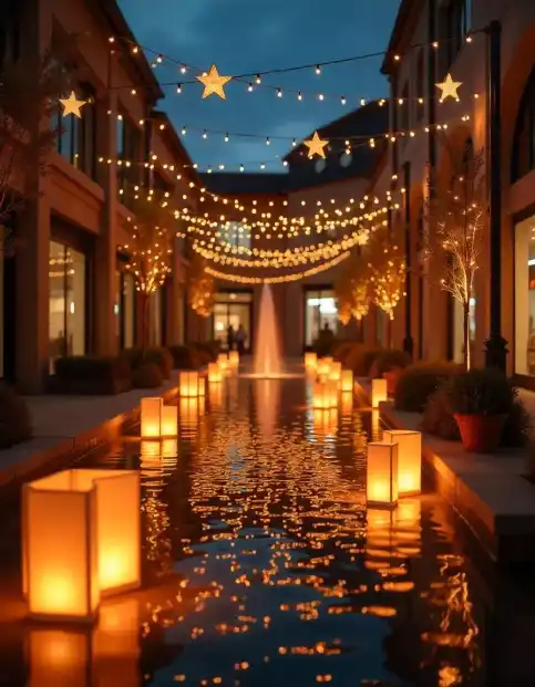 Diwali water lanterns and string lights illuminating a festive pathway | Diwali Water Lantern Pathway | Outdoor Festival Decorations | Decorations Guru