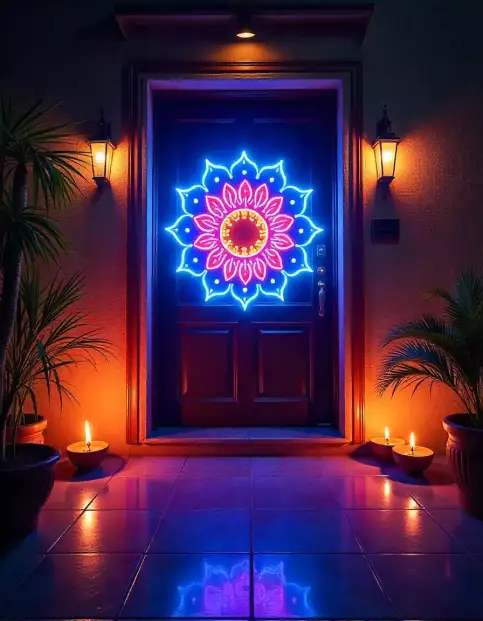 Glowing Diwali door decoration with LED rangoli and traditional diyas outside entrance | Radiant Door Diwali Decoration with LED Rangoli and Diyas – Outdoor Festival Decor Idea | Outdoor Festival Decorations | Decorations Guru