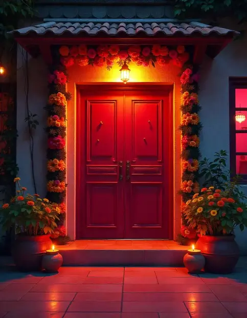 Diwali-decorated door with marigold garlands, lanterns, and potted flowers | Traditional Diwali Door Decoration with Marigolds and Lanterns | Outdoor Festival Decorations | Decorations Guru