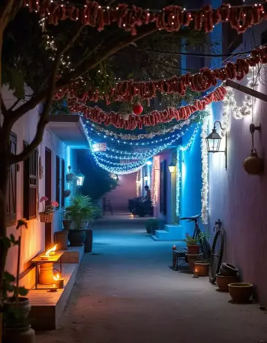 Alleyway decorated with Diwali lights, garlands, and diyas | Diwali Alleyway Illumination | Outdoor Festival Decorations | Decorations Guru