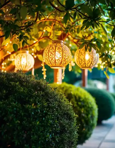 Diwali lanterns hanging in a garden with green shrubs | Outdoor Diwali Lantern Garden Décor | Outdoor Festival Decorations | Decorations Guru