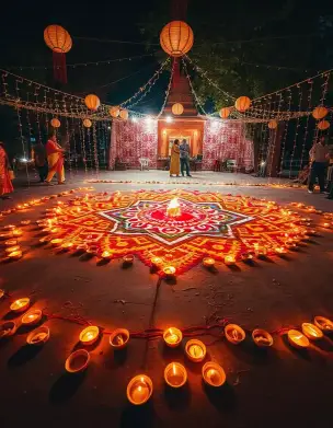 Outdoor Rangoli decoration with diyas and lanterns for Diwali celebration | Diwali Rangoli with Diyas and Lanterns | Outdoor Festival Decorations | Decorations Guru