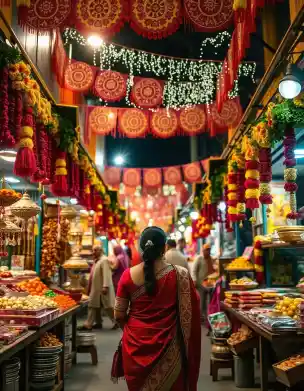 Traditional Indian market decorated with vibrant flowers and lights for Diwali celebration | Vibrant Indian Market Diwali Decorations with Lights and Flowers | Outdoor Festival Decorations | Decorations Guru