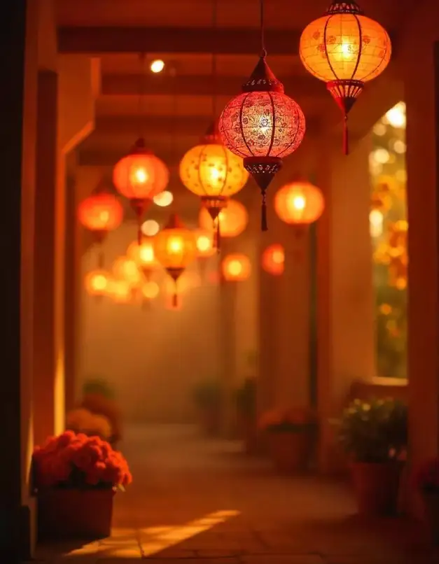 Diwali lanterns hanging in a warmly lit outdoor passage | Elegant Diwali Lantern Lighting for Outdoor Spaces 2024 | Outdoor Festival Lantern Decoration | Decorations Guru