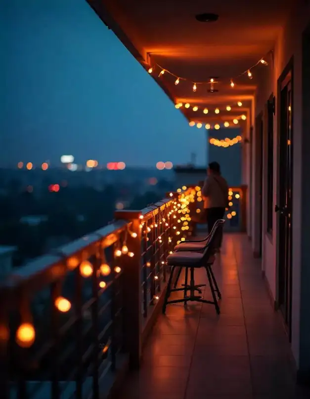 A well-lit balcony decorated with glowing string lights, creating a warm and festive atmosphere for Diwali celebrations. | Outdoor Balcony String Lights for Diwali Festival | Outdoor Festival Lighting Ideas | Decorations Guru