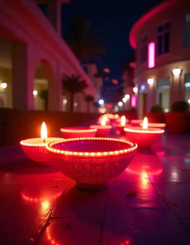 Beautifully lit clay diyas on a vibrant Diwali night with red lighting | Vibrant Diwali Walkway with Lit Diyas and Illuminated Decorations | Outdoor Lighting Decor | Decorations Guru