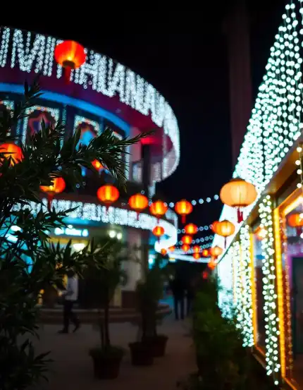 Lanterns and white string lights decorating outdoor area for festival | Lanterns and String Lights for Outdoor Festival Decorations | Outdoor Lighting Decorations | Decorations Guru