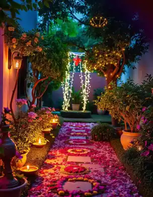 Outdoor Diwali pathway decorated with diyas, flowers, and string lights | Enchanting Outdoor Diwali Pathway with Floral Rangoli and Diyas | Pathway Designs | Decorations Guru