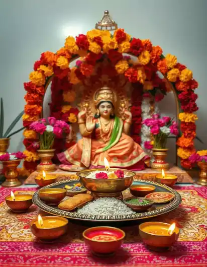 Diwali pooja setup with Lakshmi idol, marigold garlands, and diyas | Traditional Diwali Pooja Setup with Goddess Lakshmi Idol | Pooja Decor | Decorations Guru