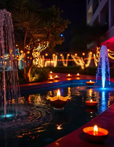 Poolside decorated with floating diyas and lights for Diwali celebration | Elegant Diwali Poolside Decor with Floating Diyas and Festive Lights | Poolside Decoration | Decorations Guru