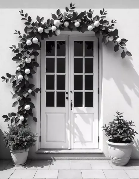 Minimalistic flower garland decoration on white door for Diwali. | Elegant Diwali Door Flower Garland with Minimalist Design | Simple Festival Decoration | Decorations Guru