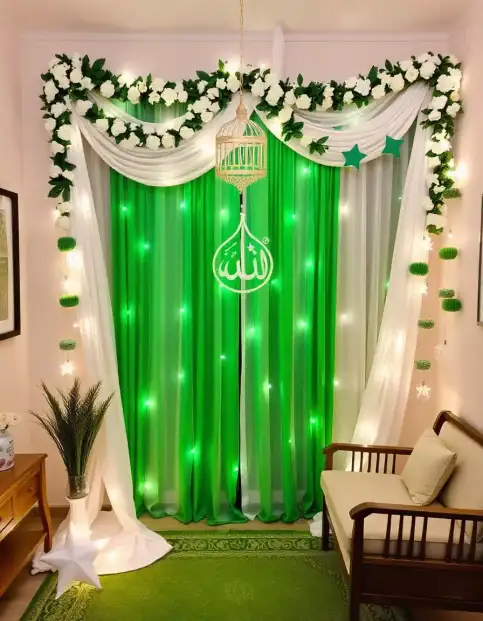 Green and white themed Eid home décor with hanging lights, floral garlands, and crescent in a cozy setting. | Festive Green and White Eid Home Décor with Elegant Hanging Lights and Floral Garlands | Simple Outdoor Festival Decoration Ideas | Decorations Guru