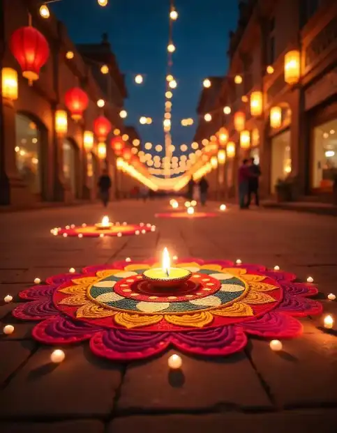 Vibrant Diwali street decorated with colorful rangoli, diyas, and illuminated lanterns | Elegant Rangoli and Diya Street Decoration for Diwali 2023 Celebration | Street Decorations | Decorations Guru